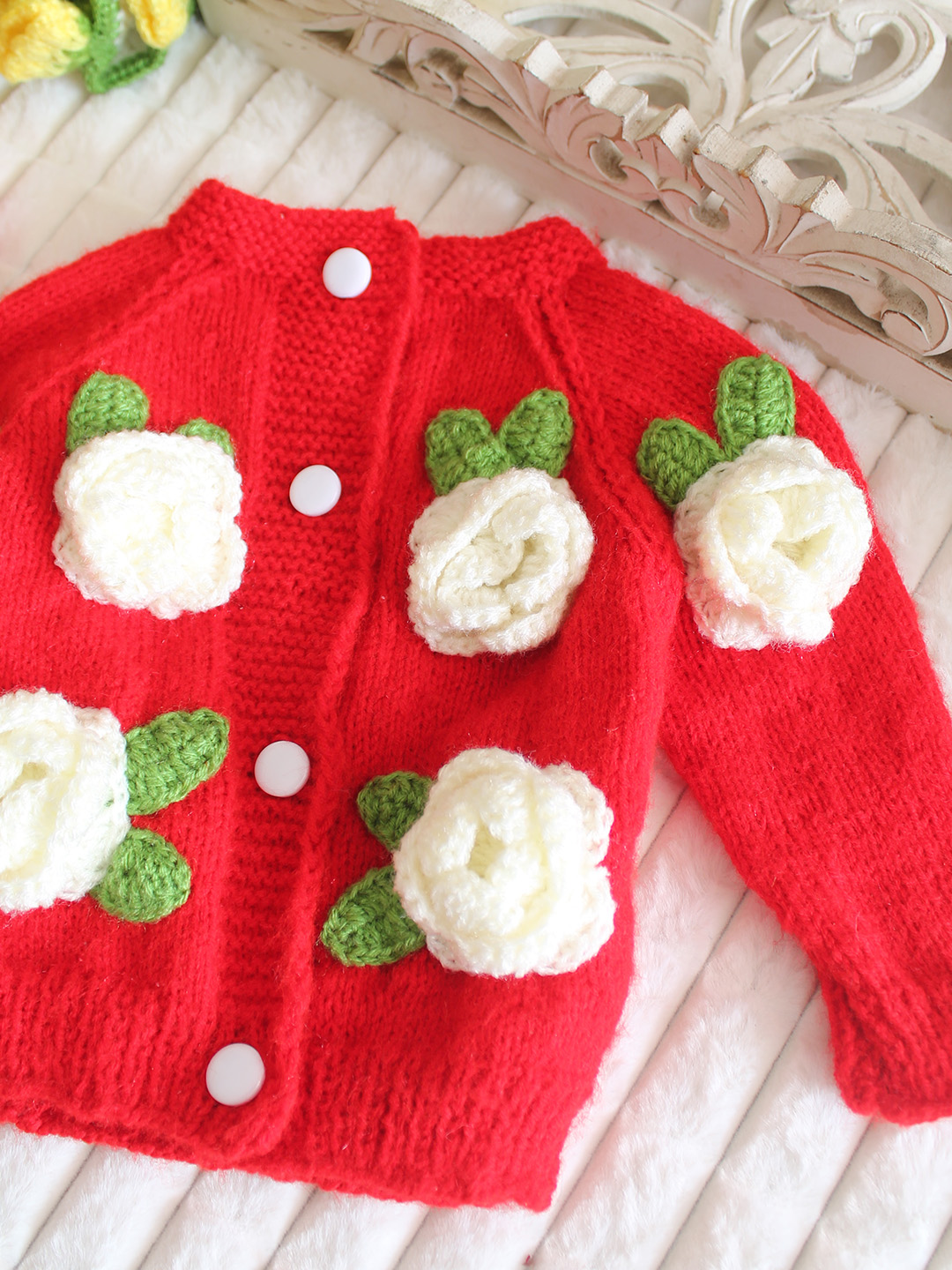 Woonie Handknitted Floral Applique Sweater - Red