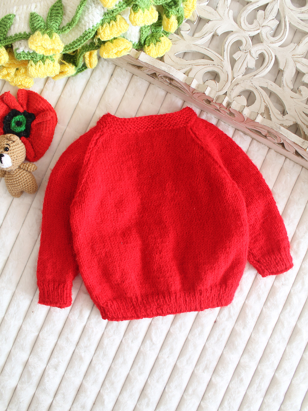 Woonie Handknitted Floral Applique Sweater - Red