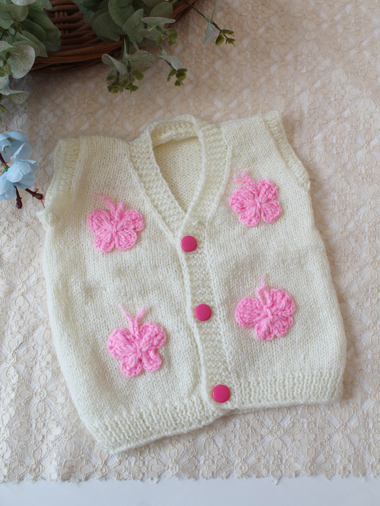 Image of Woonie Handknitted Floral Applique Sweater/Vest - Cream