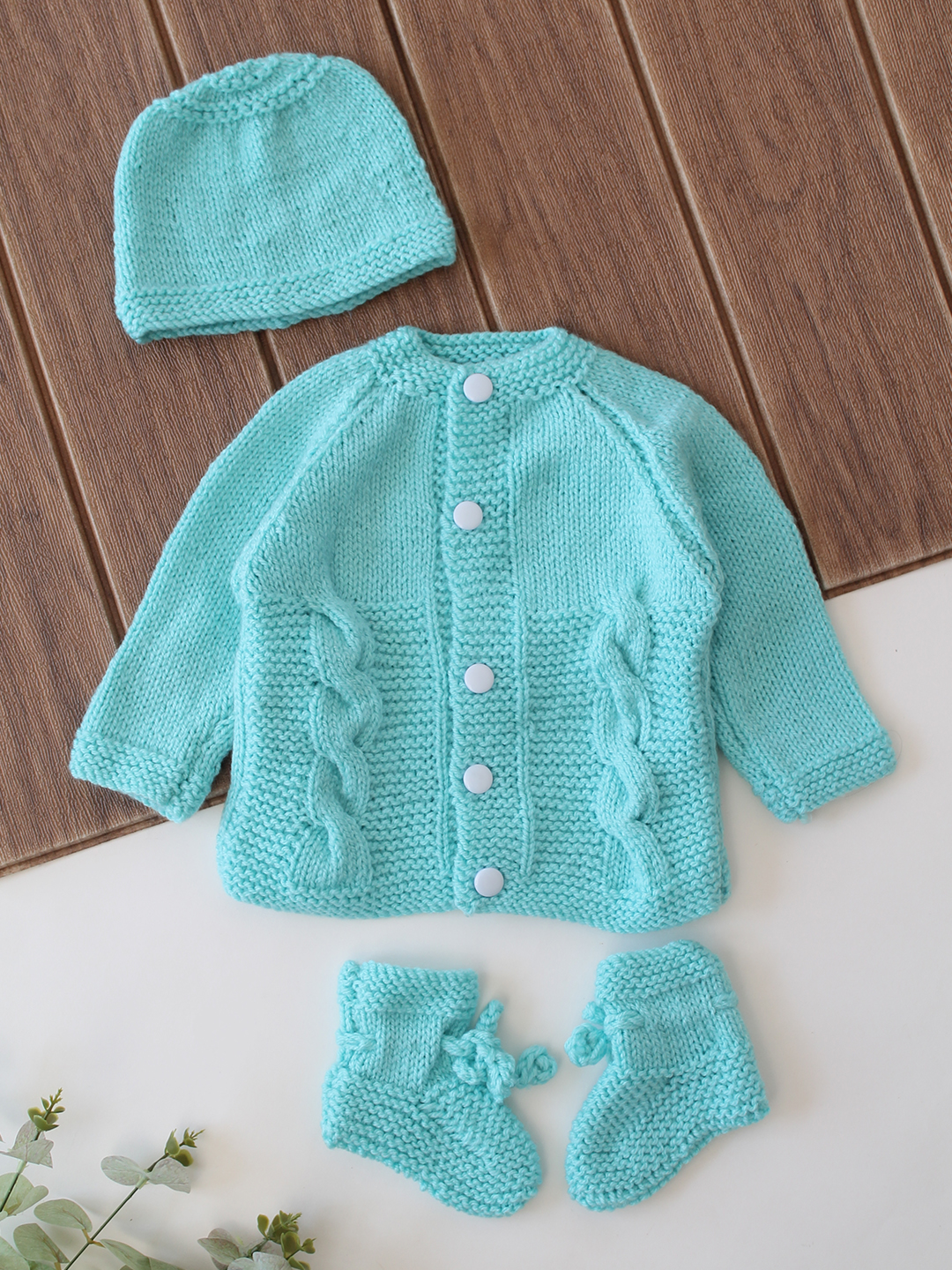 Woonie Handknitted Cable Knit Sweater with Cap & Socks - Sky Blue