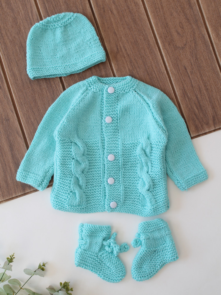 Image of Woonie Handknitted Cable Knit Sweater with Cap &amp; Socks - Sky Blue