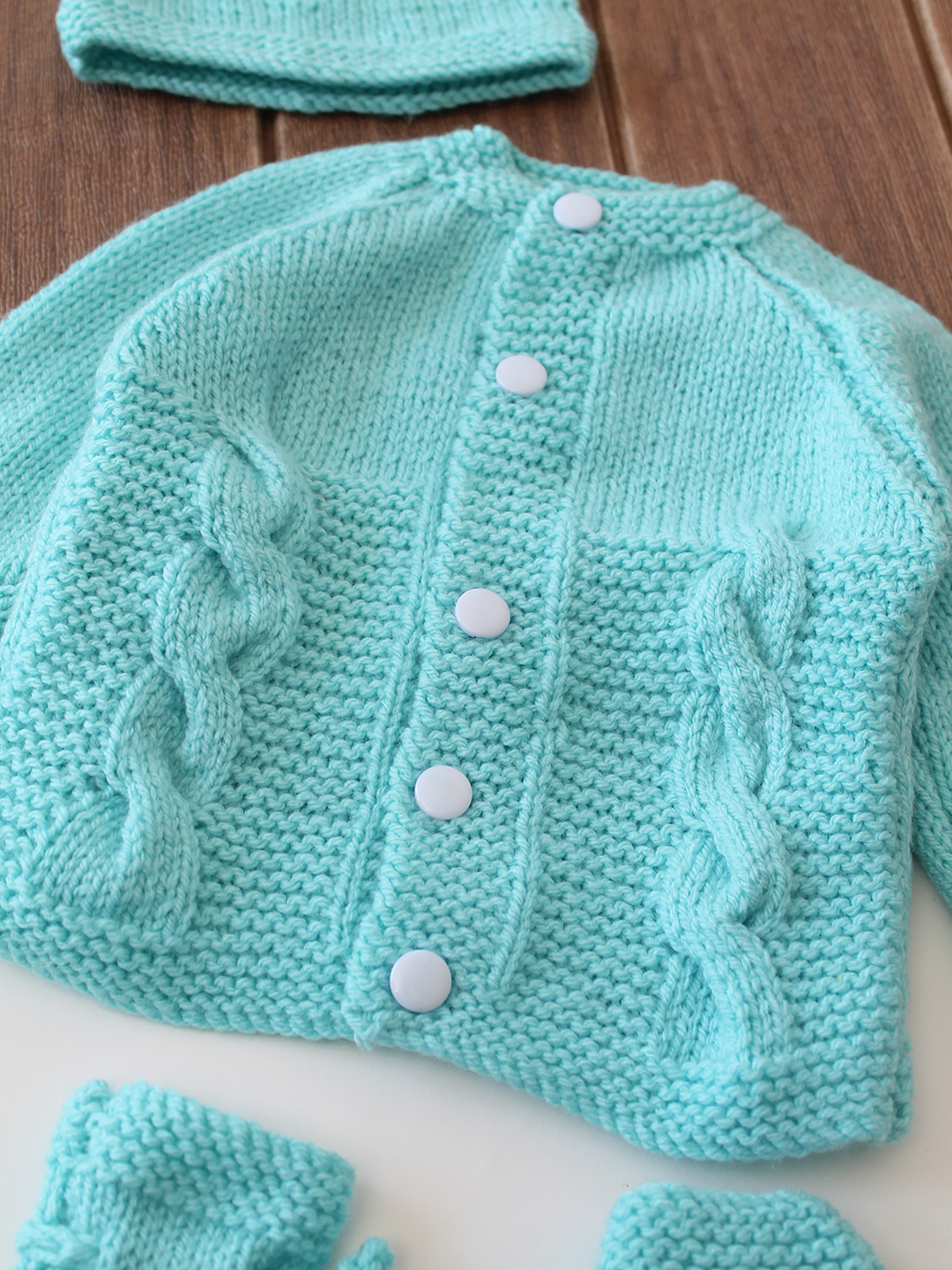Woonie Handknitted Cable Knit Sweater with Cap & Socks - Sky Blue