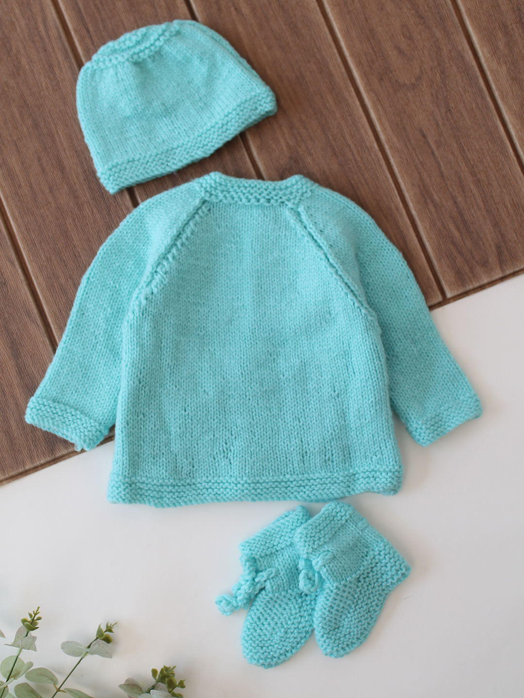 Woonie Handknitted Cable Knit Sweater with Cap & Socks - Sky Blue