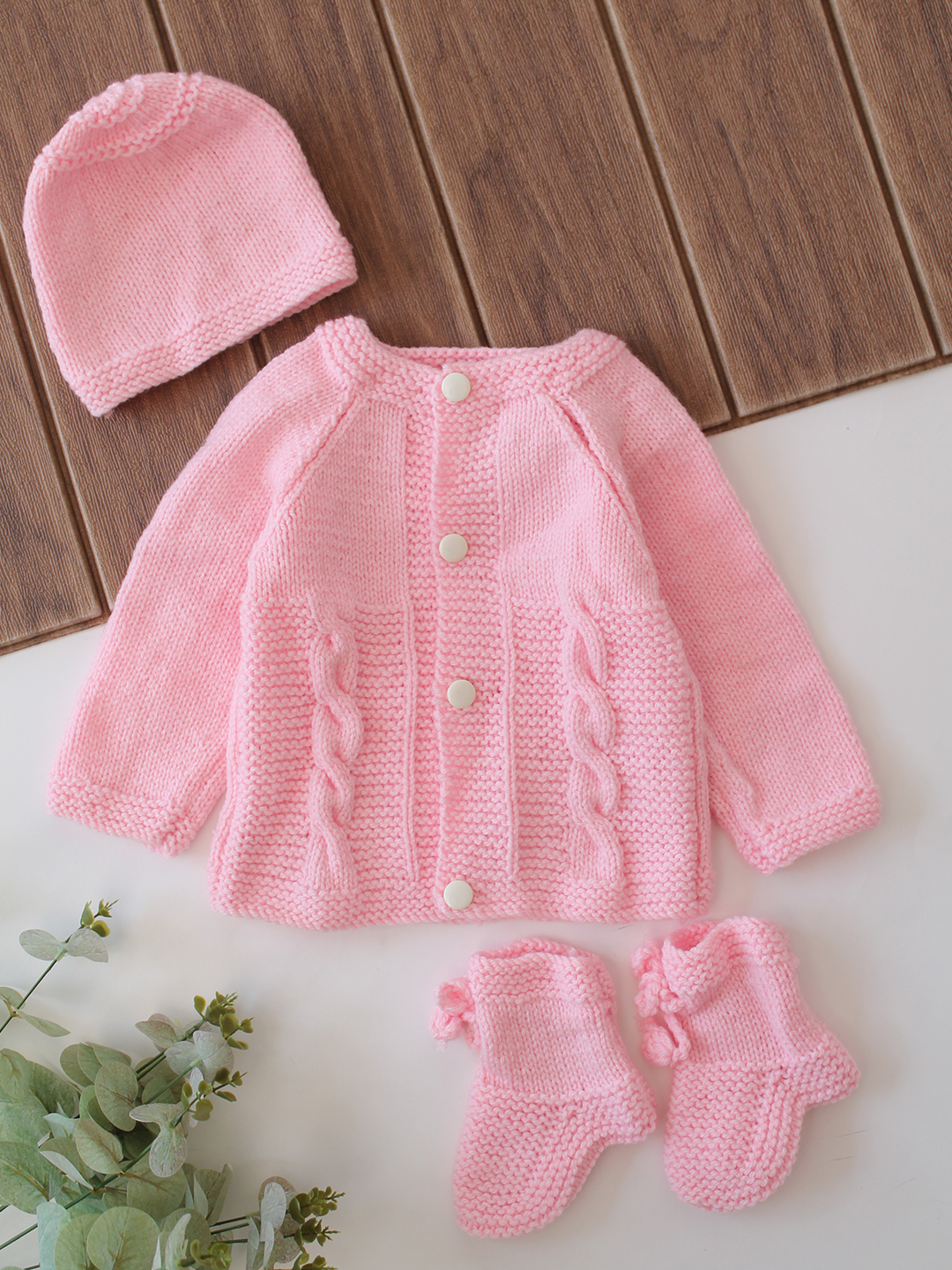 Woonie Handknitted Cable Knit Sweater with Cap & Socks - Pink