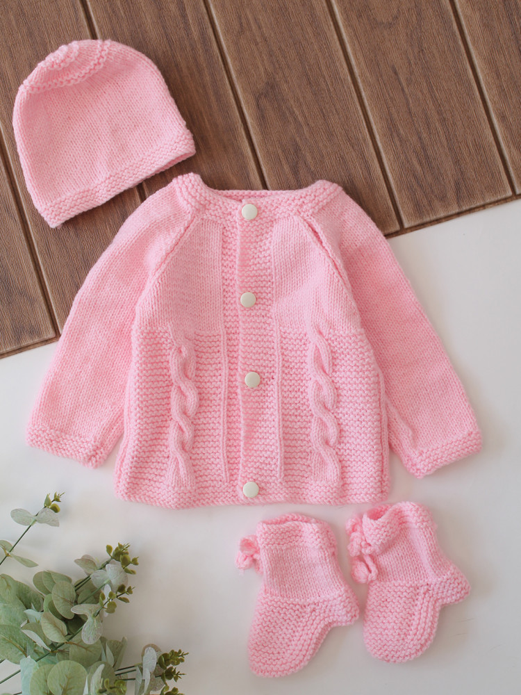 Image of Woonie Handknitted Cable Knit Sweater with Cap &amp; Socks - Pink