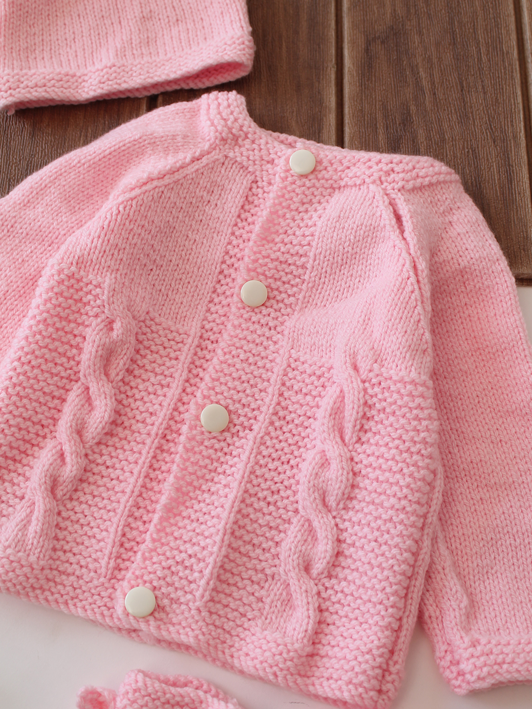 Woonie Handknitted Cable Knit Sweater with Cap & Socks - Pink
