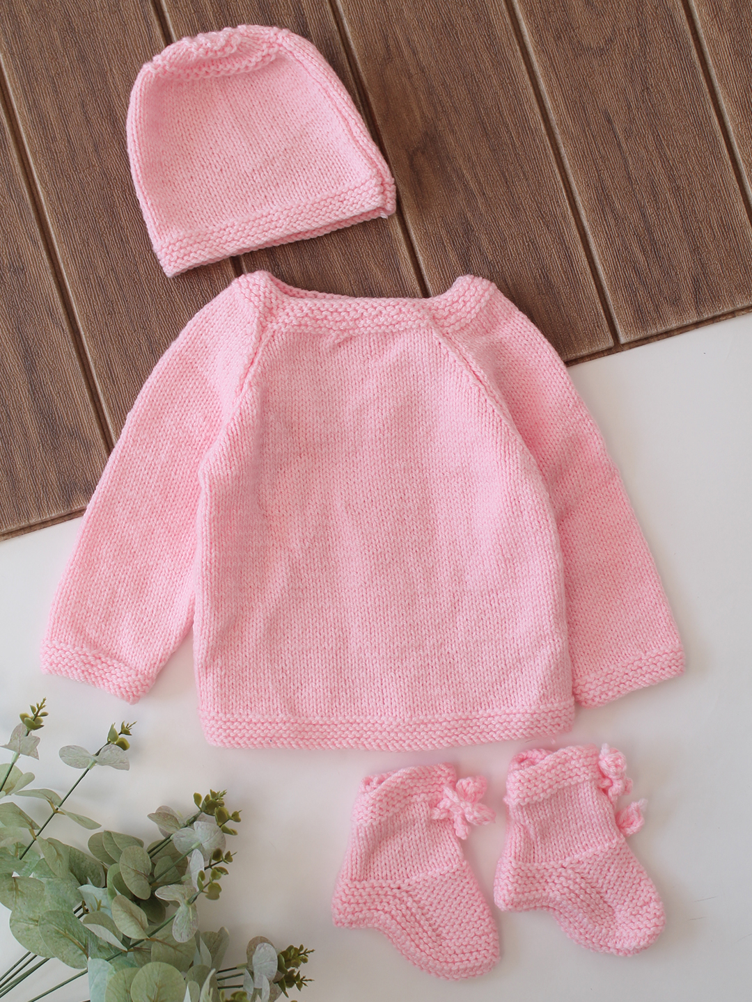 Woonie Handknitted Cable Knit Sweater with Cap & Socks - Pink