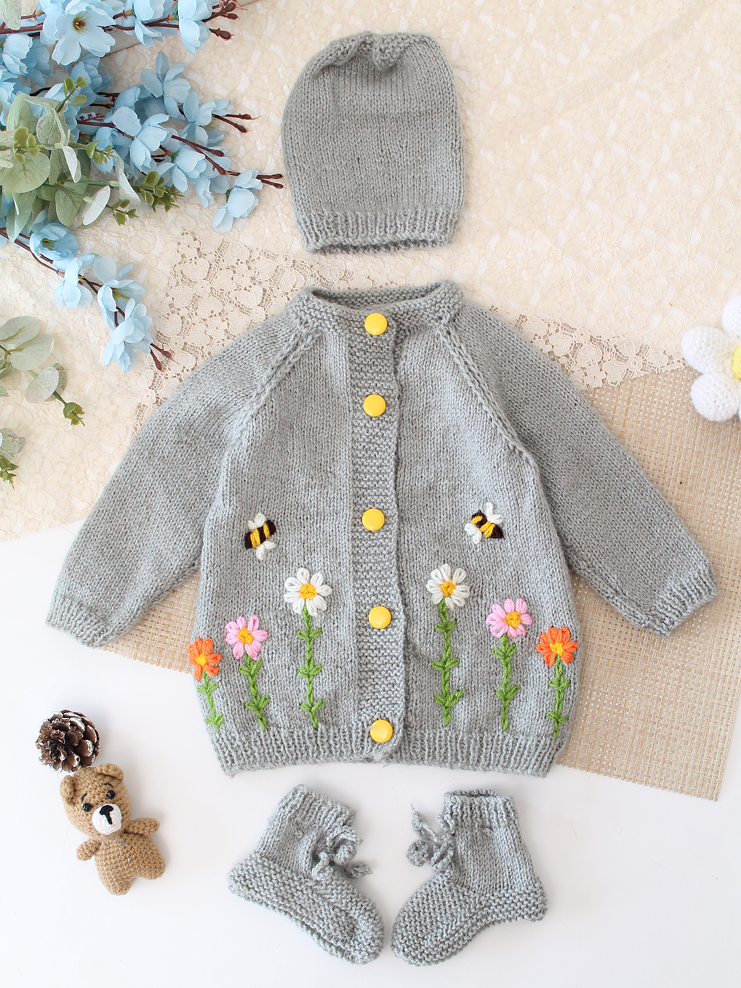 Woonie Handknitted Floral Embroidered Sweater with Cap & Socks - Light Grey