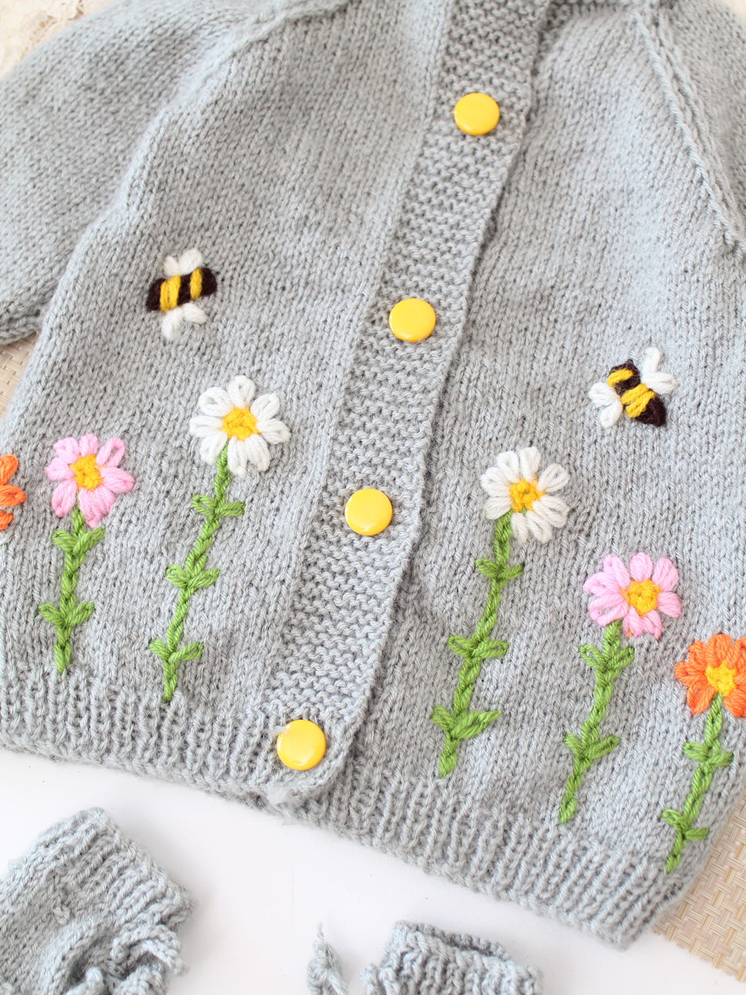 Woonie Handknitted Floral Embroidered Sweater with Cap & Socks - Light Grey