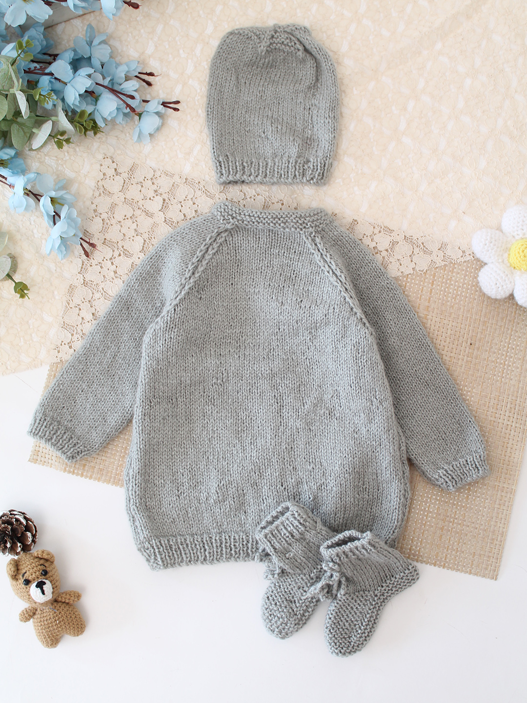 Woonie Handknitted Floral Embroidered Sweater with Cap & Socks - Light Grey