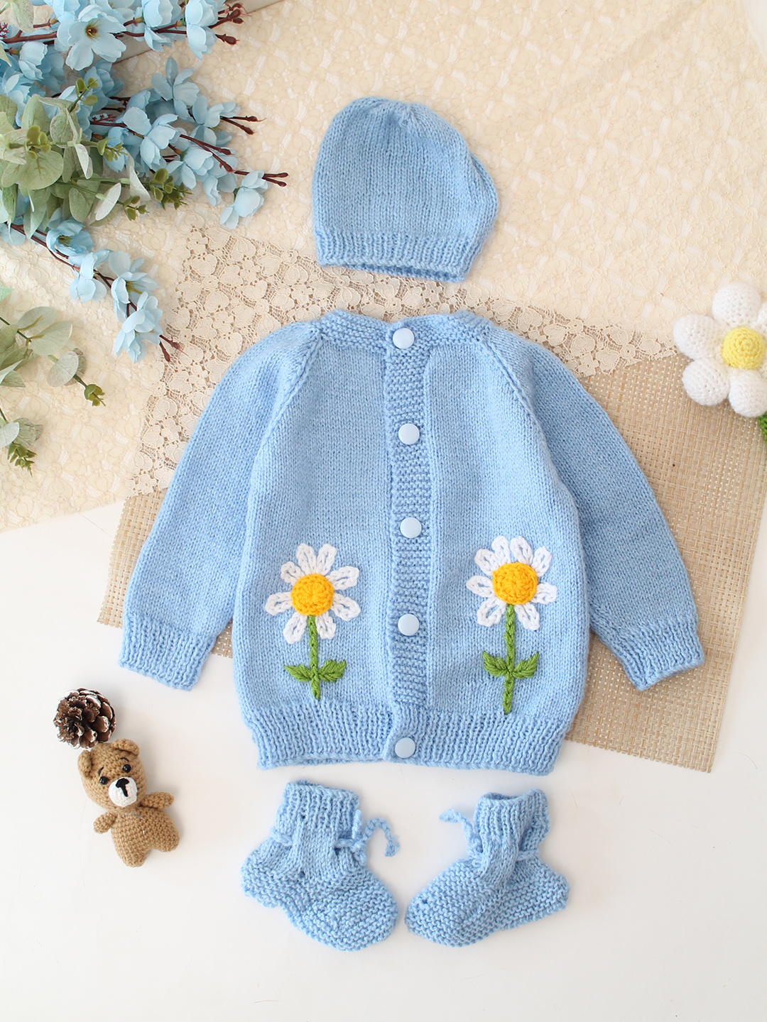 Woonie Handknitted Floral Embroidered Sweater with Cap & Socks - Sky Blue