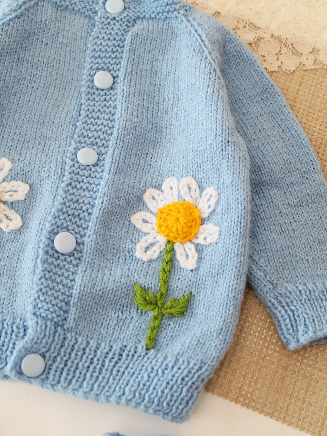 Woonie Handknitted Floral Embroidered Sweater with Cap & Socks - Sky Blue