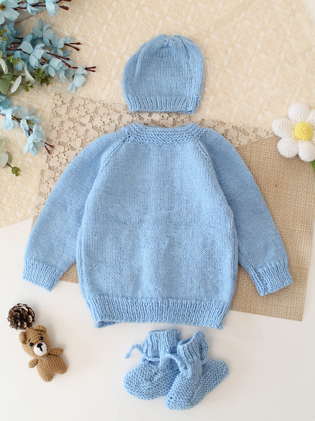 Woonie Handknitted Floral Embroidered Sweater with Cap & Socks - Sky Blue