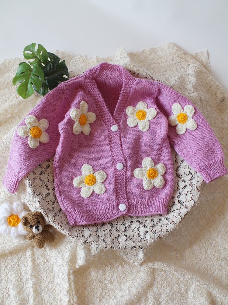 Image of Woonie Handknitted Floral Applique Sweater - Purple