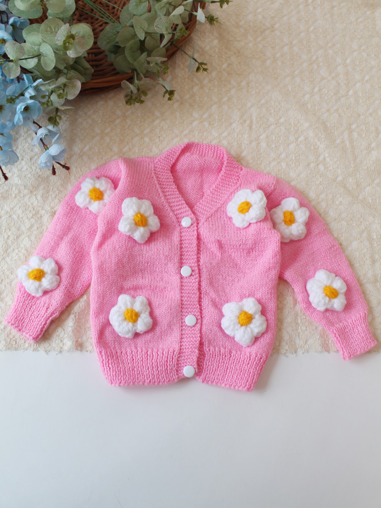 Image of Woonie Handknitted Floral Applique Sweater - Pink