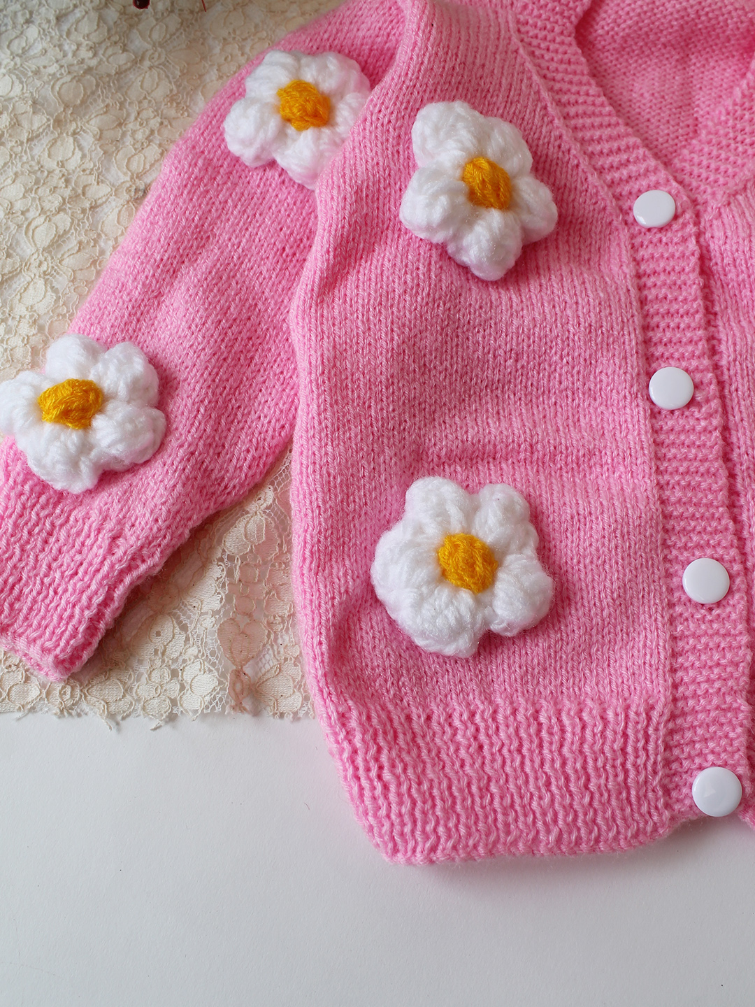 Woonie Handknitted Floral Applique Sweater - Pink