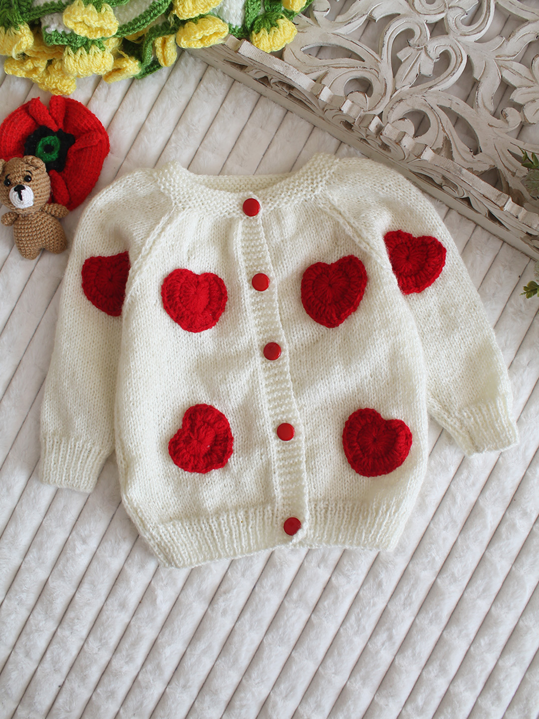 Woonie Handknitted Heart Applique Sweater - Cream