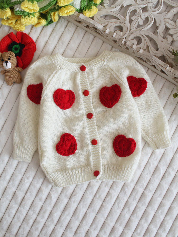 Image of Woonie Handknitted Heart Applique Sweater - Cream