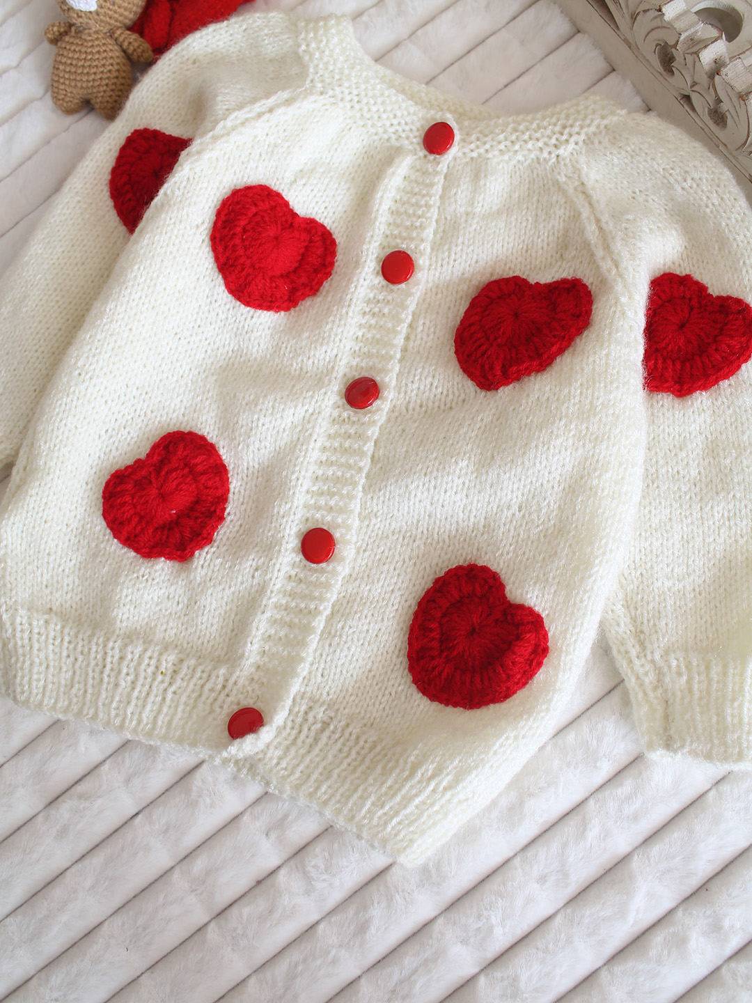 Woonie Handknitted Heart Applique Sweater - Cream