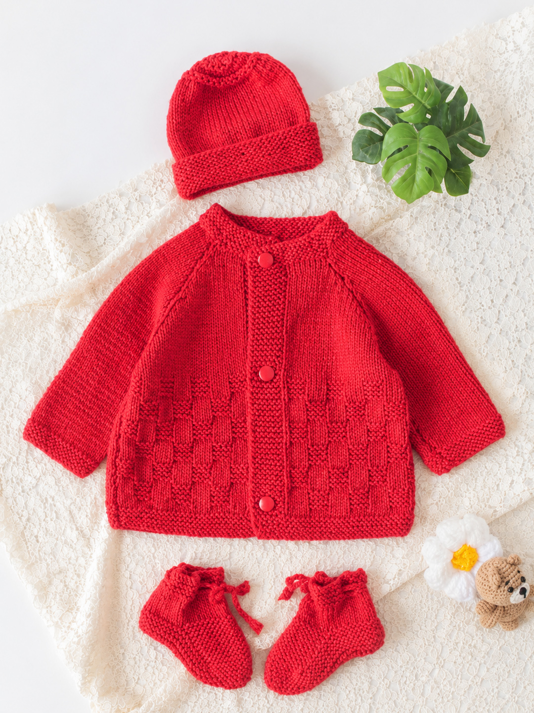 Woonie Handknitted Self Design Sweater with Cap & Socks - Red