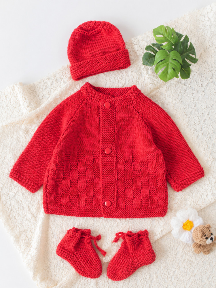 Image of Woonie Handknitted Self Design Sweater with Cap &amp; Socks - Red