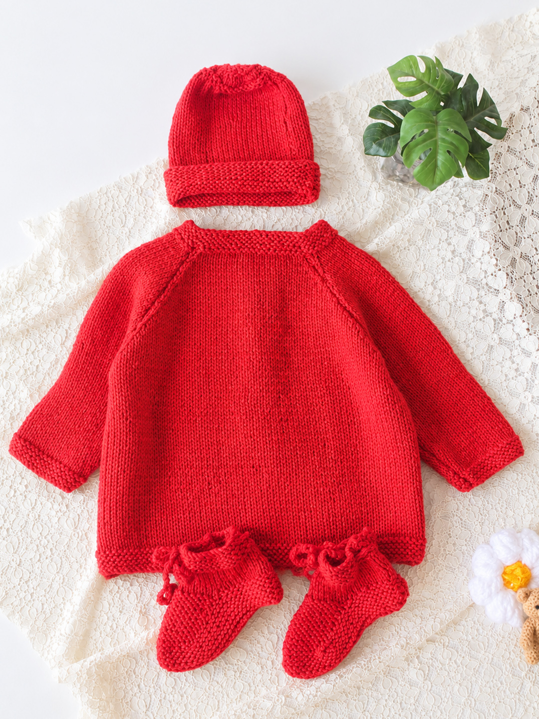 Woonie Handknitted Self Design Sweater with Cap & Socks - Red