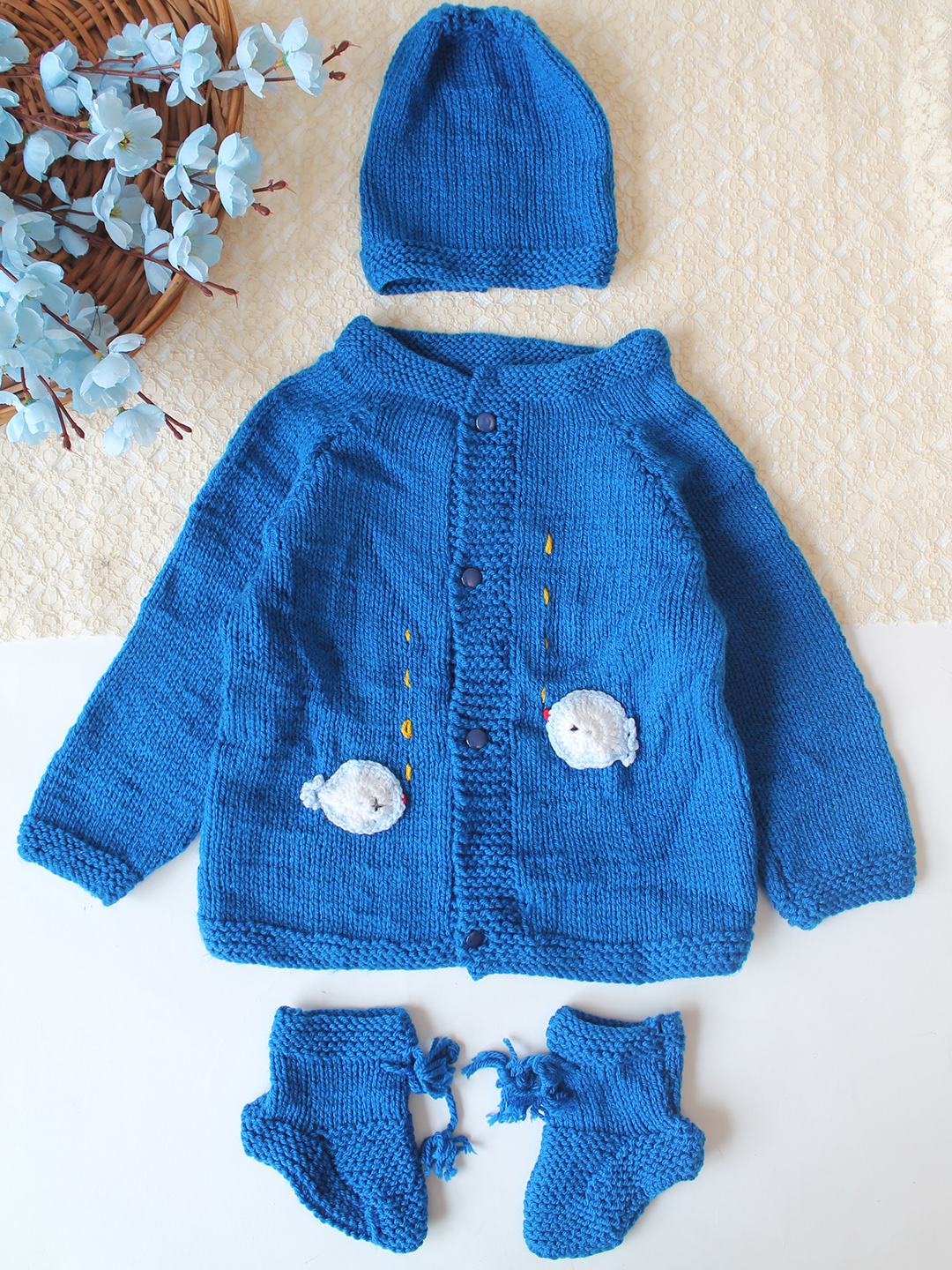 Woonie Handknitted Fish Applique Sweater with Cap & Socks - Blue
