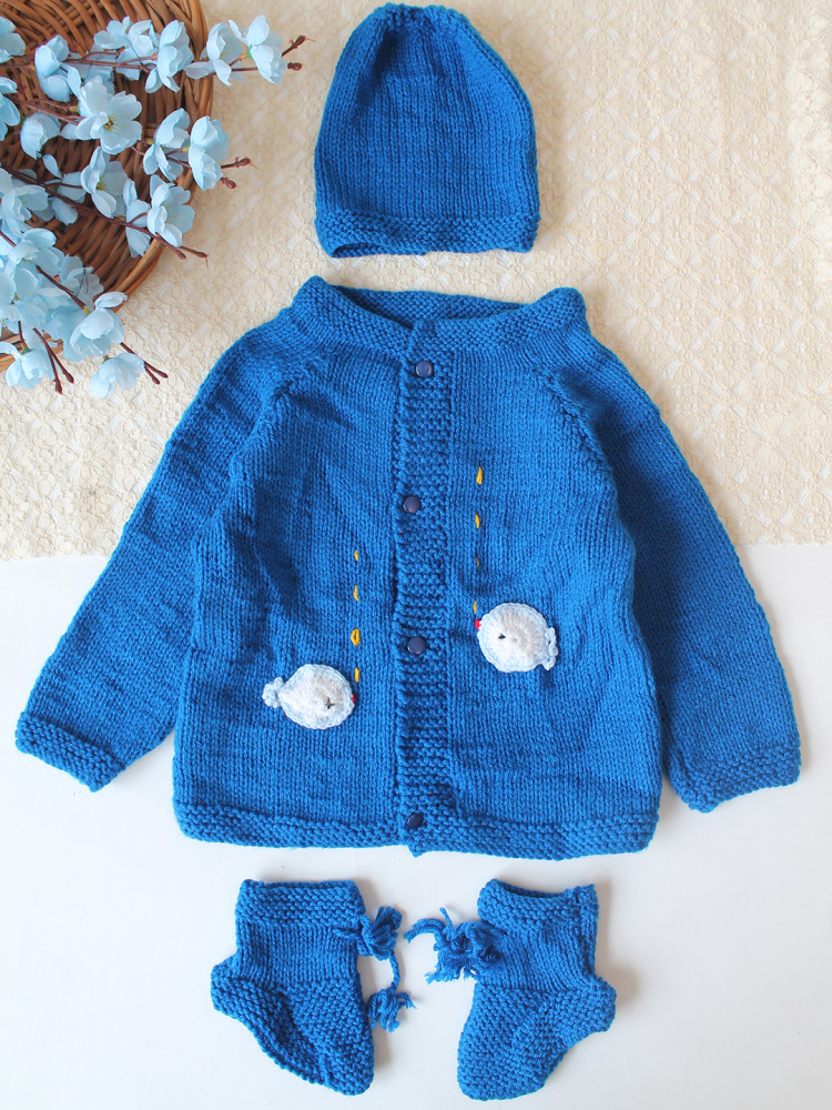 Image of Woonie Handknitted Fish Applique Sweater with Cap &amp; Socks - Blue