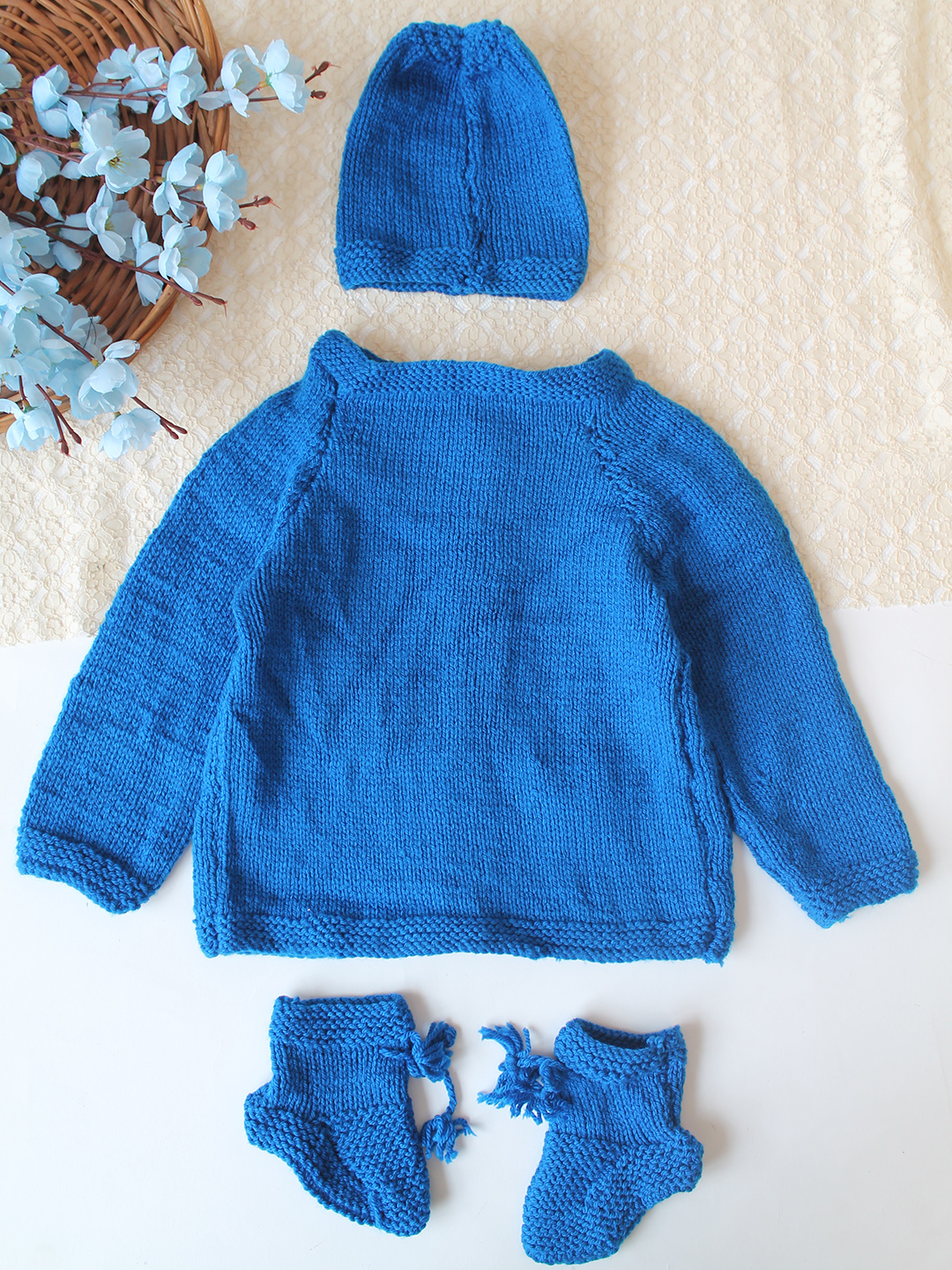 Woonie Handknitted Fish Applique Sweater with Cap & Socks - Blue