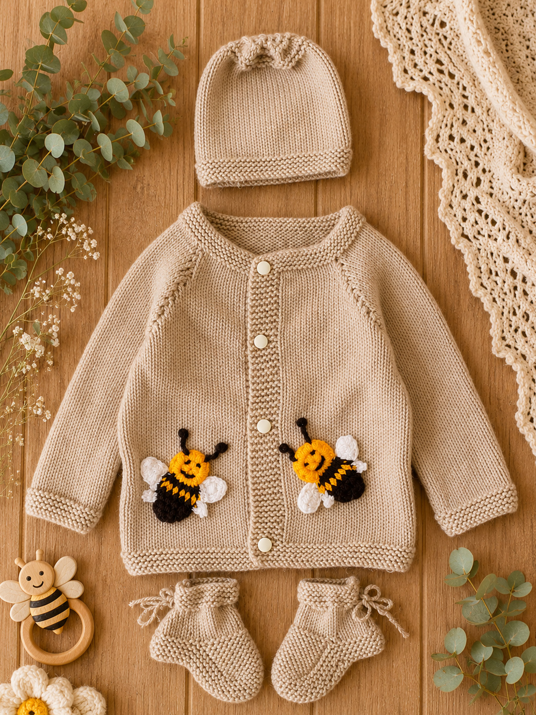 Woonie Handknitted Bee Applique Sweater with Cap & Socks - Beige