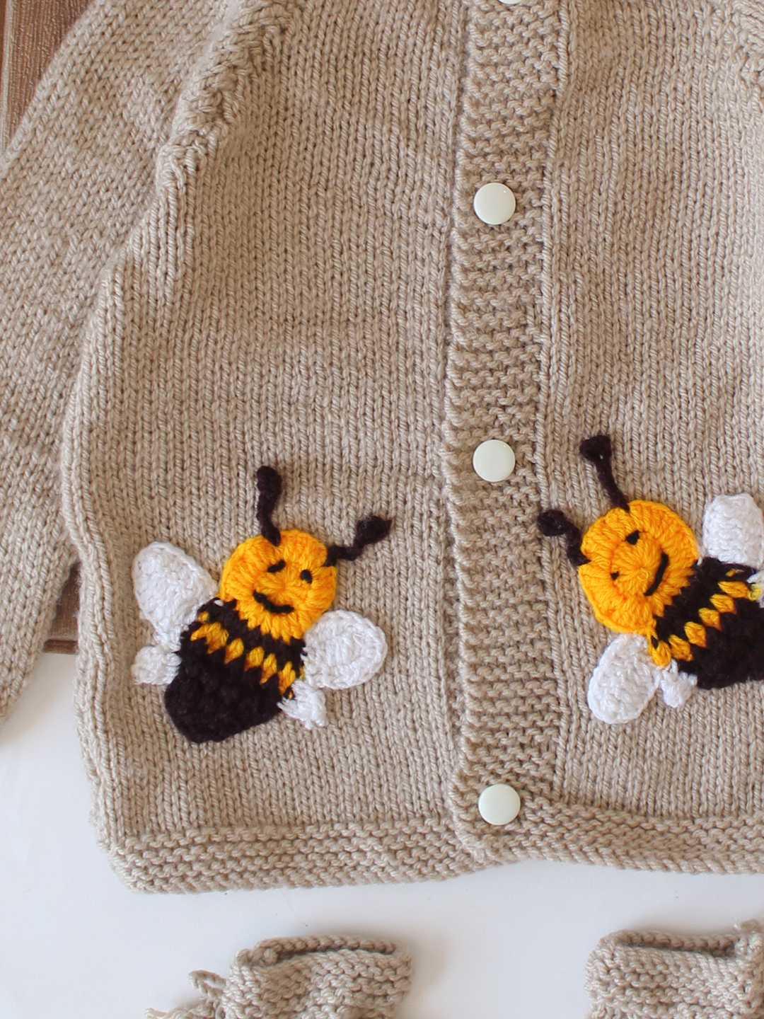 Woonie Handknitted Bee Applique Sweater with Cap & Socks - Beige