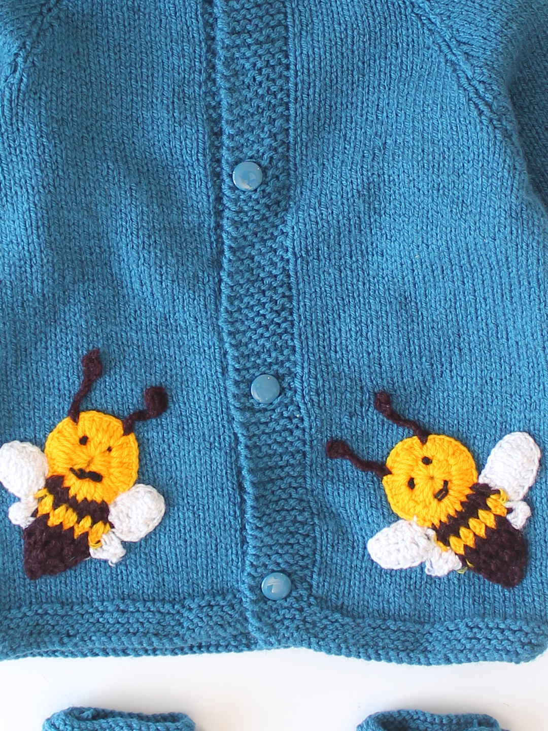 Woonie Handknitted Bee Applique Sweater with Cap & Socks - Blue