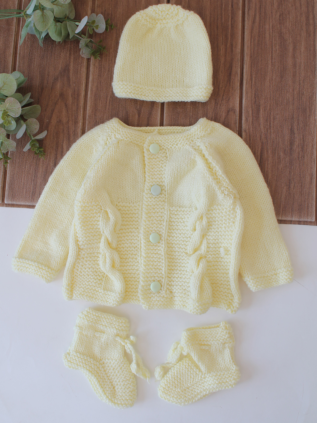 Woonie Handknitted Cable Knit Sweater with Cap & Socks - Cream