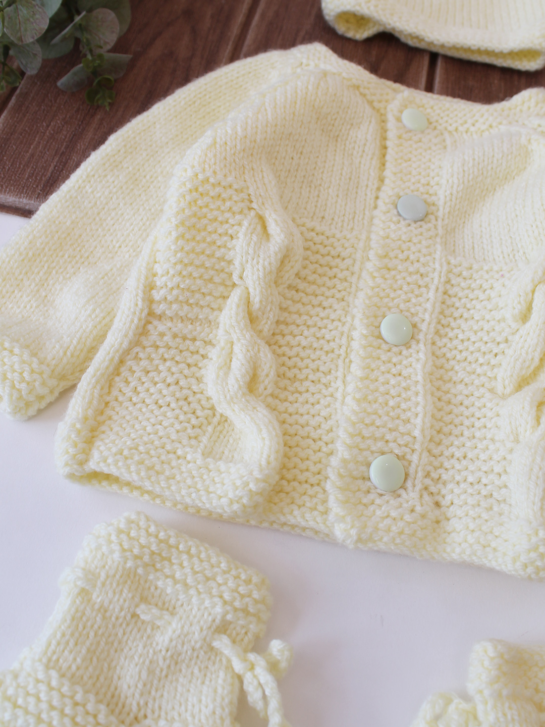 Woonie Handknitted Cable Knit Sweater with Cap & Socks - Cream