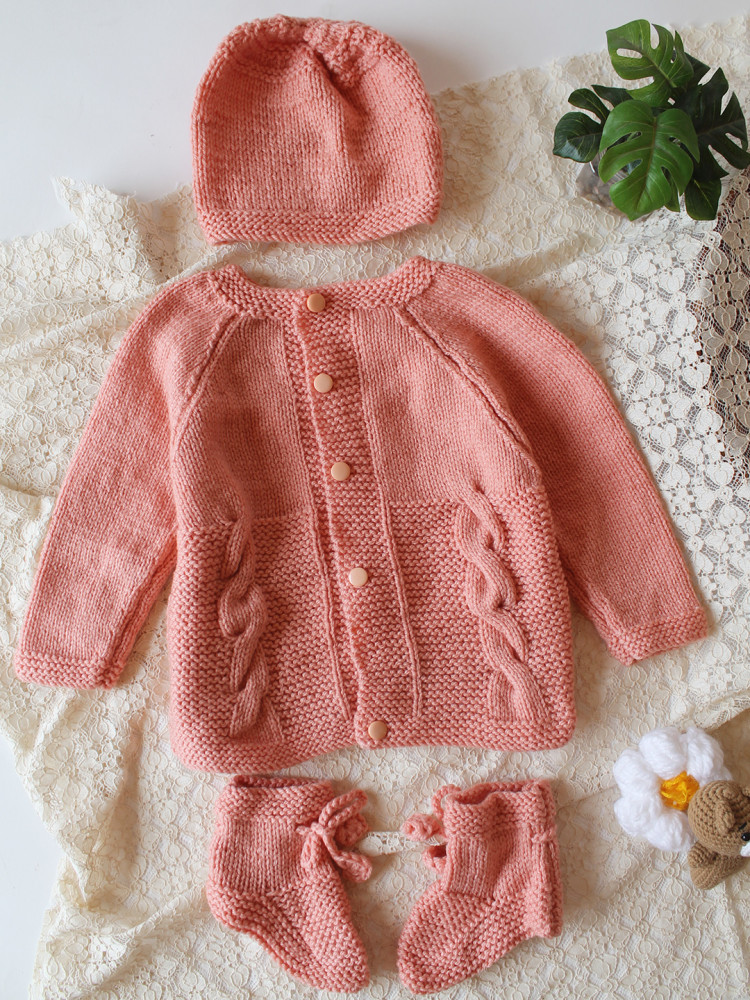 Image of Woonie Handknitted Cable Knit Sweater with Cap &amp; Socks - Peach