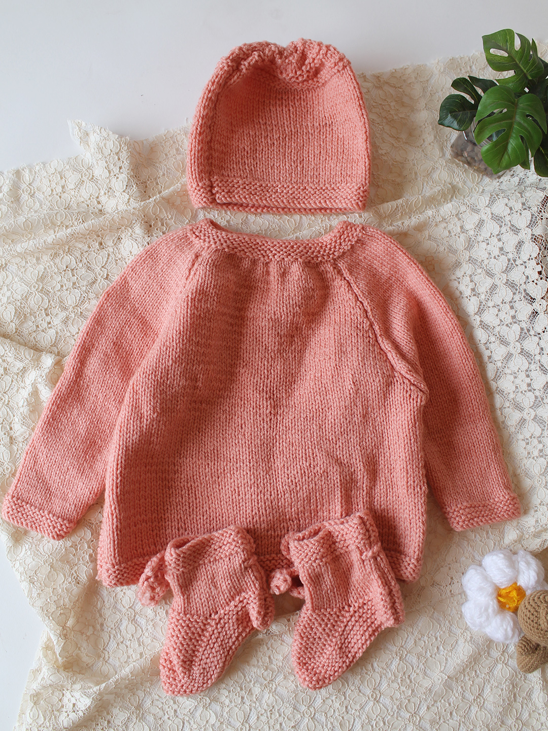 Woonie Handknitted Cable Knit Sweater with Cap & Socks - Peach