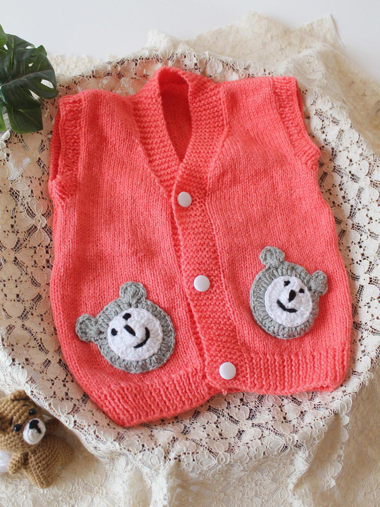 Image of Woonie Handknitted Sleeveless Bear Face Applique Vest - Peach