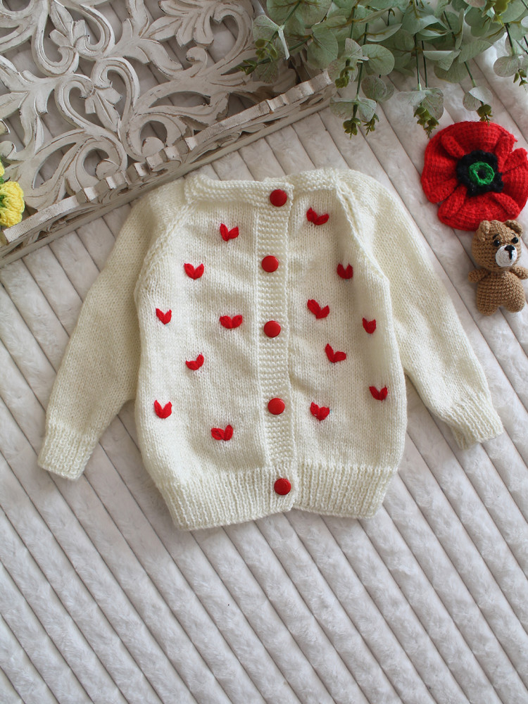 Image of Woonie Handknitted Heart Embroidered Sweater - Cream
