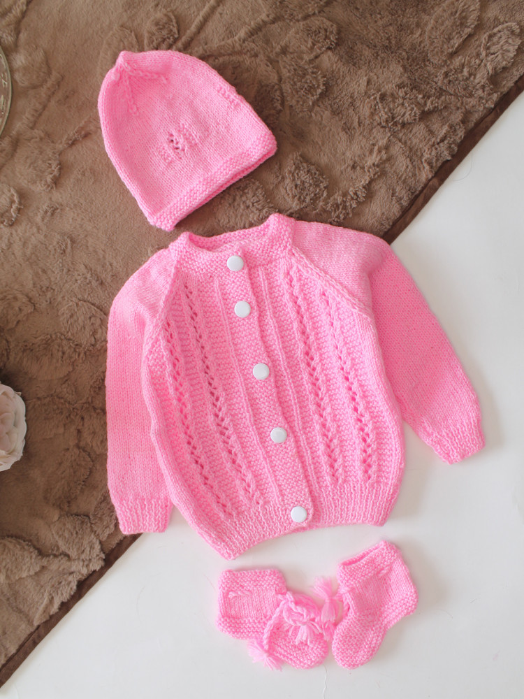 Image of Woonie Handknitted Full Sleeves Cable Knit Cardigan with Cap &amp; Socks - Pink