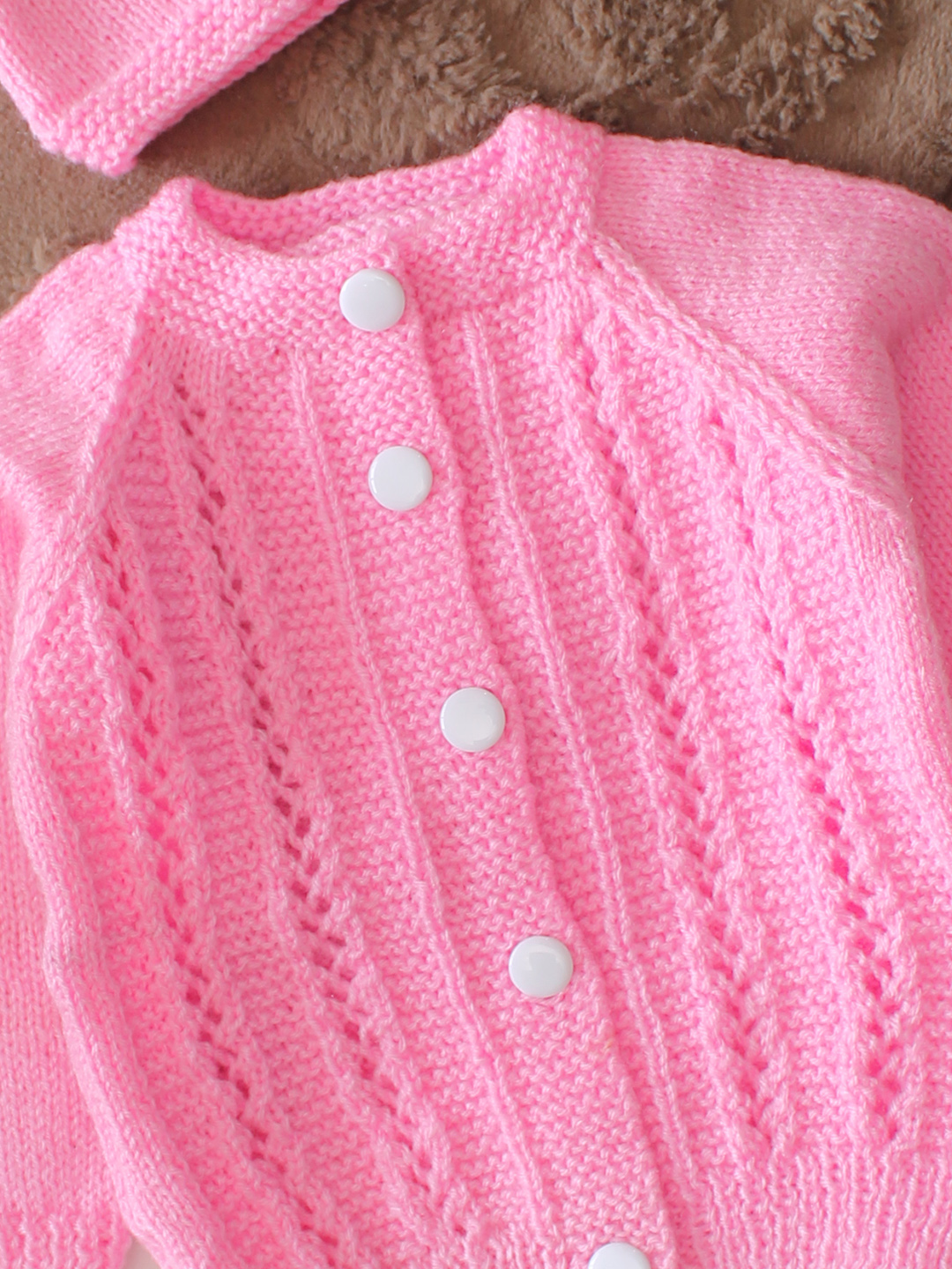 Woonie Handknitted Full Sleeves Cable Knit Cardigan with Cap & Socks - Pink