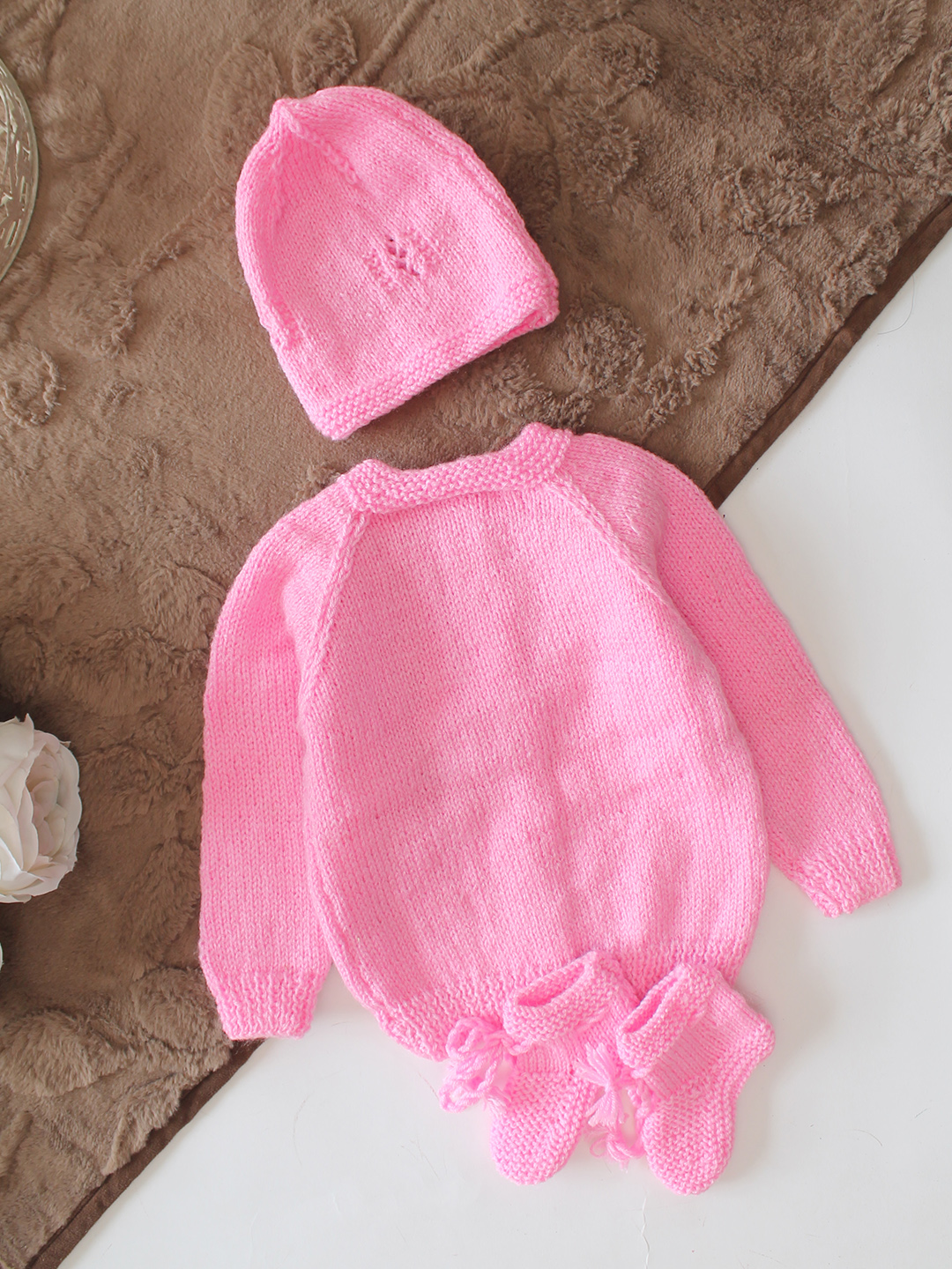 Woonie Handknitted Full Sleeves Cable Knit Cardigan with Cap & Socks - Pink