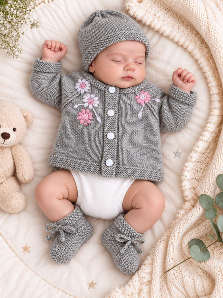 Image of Woonie Handknitted Full Sleeves Floral Embroidered Cardigan with Cap &amp; Socks - Light  Grey