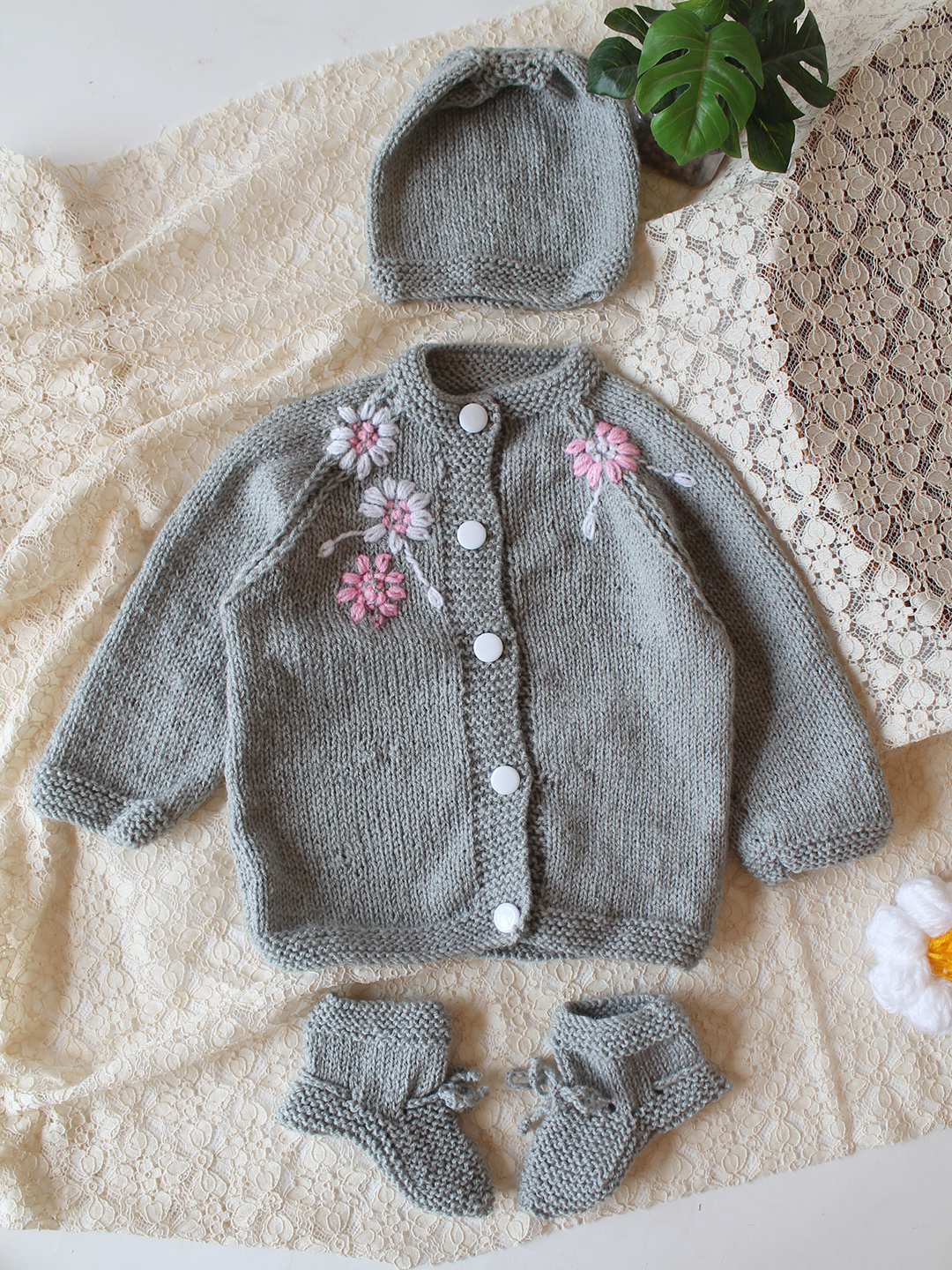 Woonie Handknitted Full Sleeves Floral Embroidered Cardigan with Cap & Socks - Light  Grey
