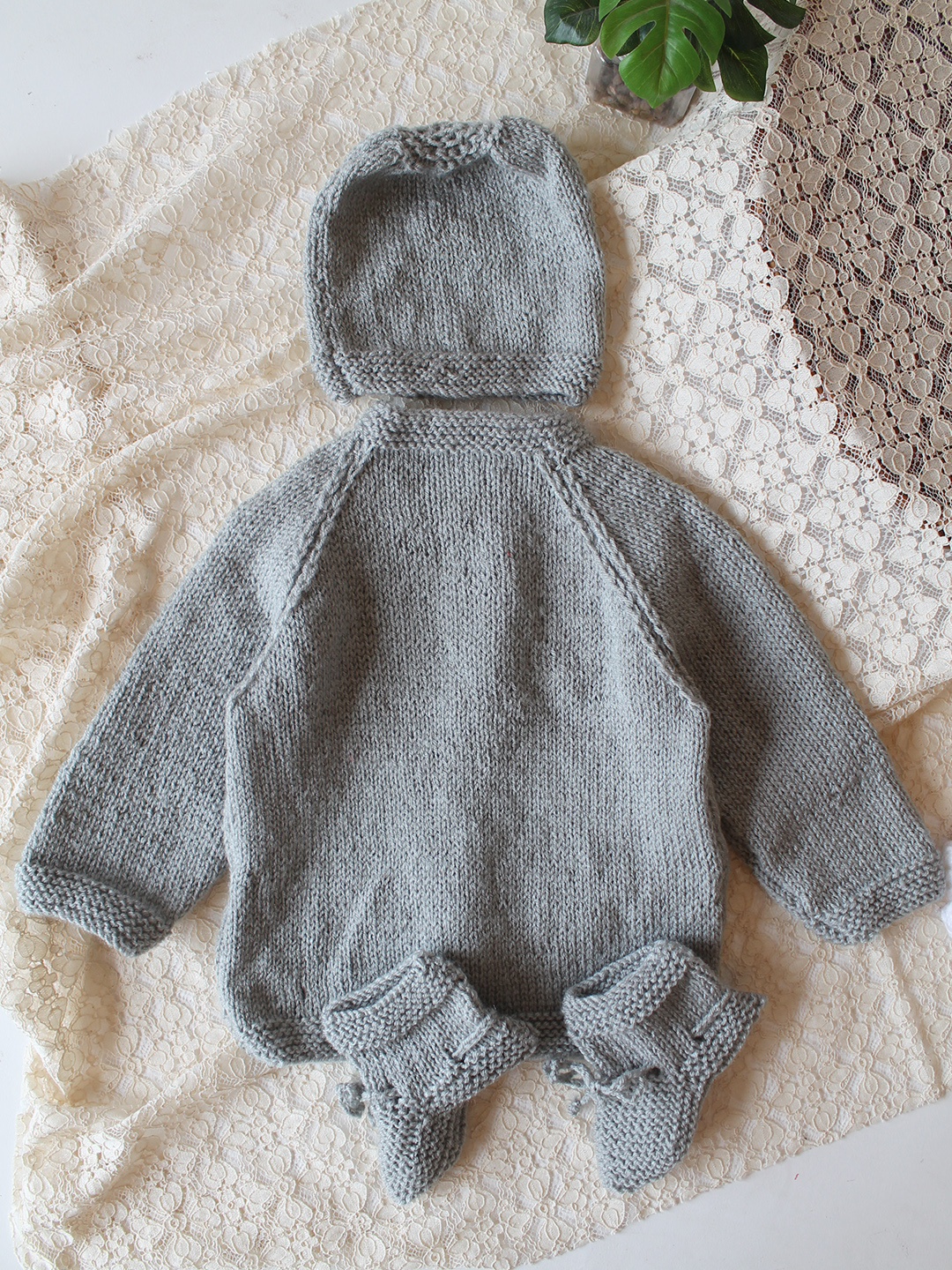 Woonie Handknitted Full Sleeves Floral Embroidered Cardigan with Cap & Socks - Light  Grey