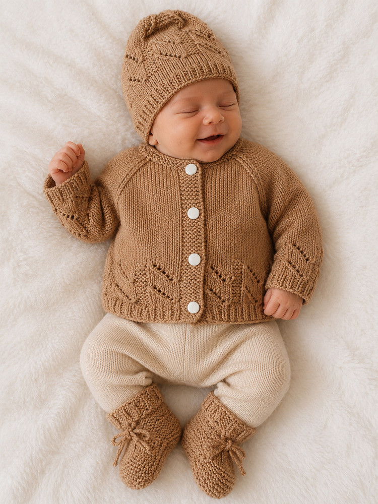 Image of Woonie Handknitted Full Sleeves Cable Knit Cardigan with Cap &amp; Socks - Beige