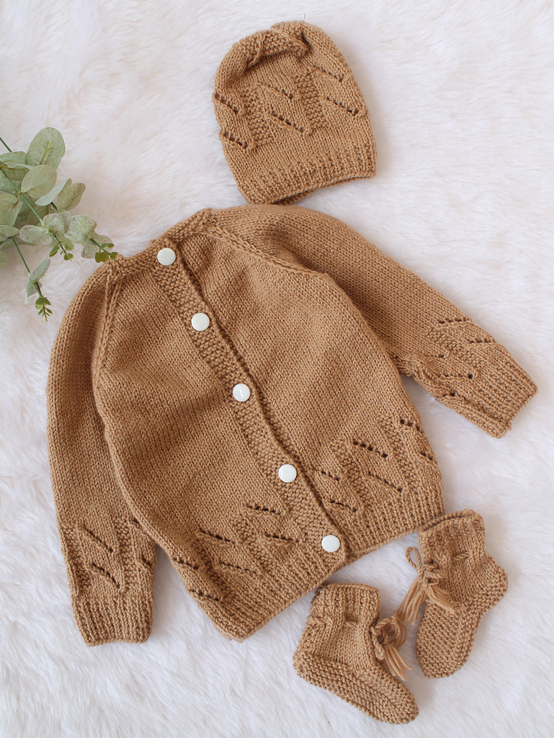 Woonie Handknitted Full Sleeves Cable Knit Cardigan with Cap & Socks - Beige