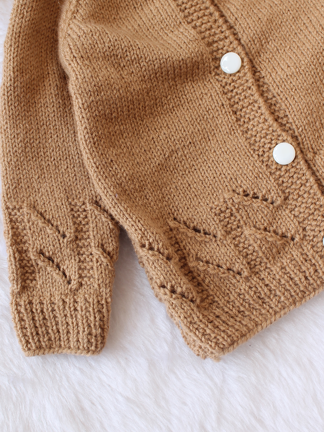 Woonie Handknitted Full Sleeves Cable Knit Cardigan with Cap & Socks - Beige