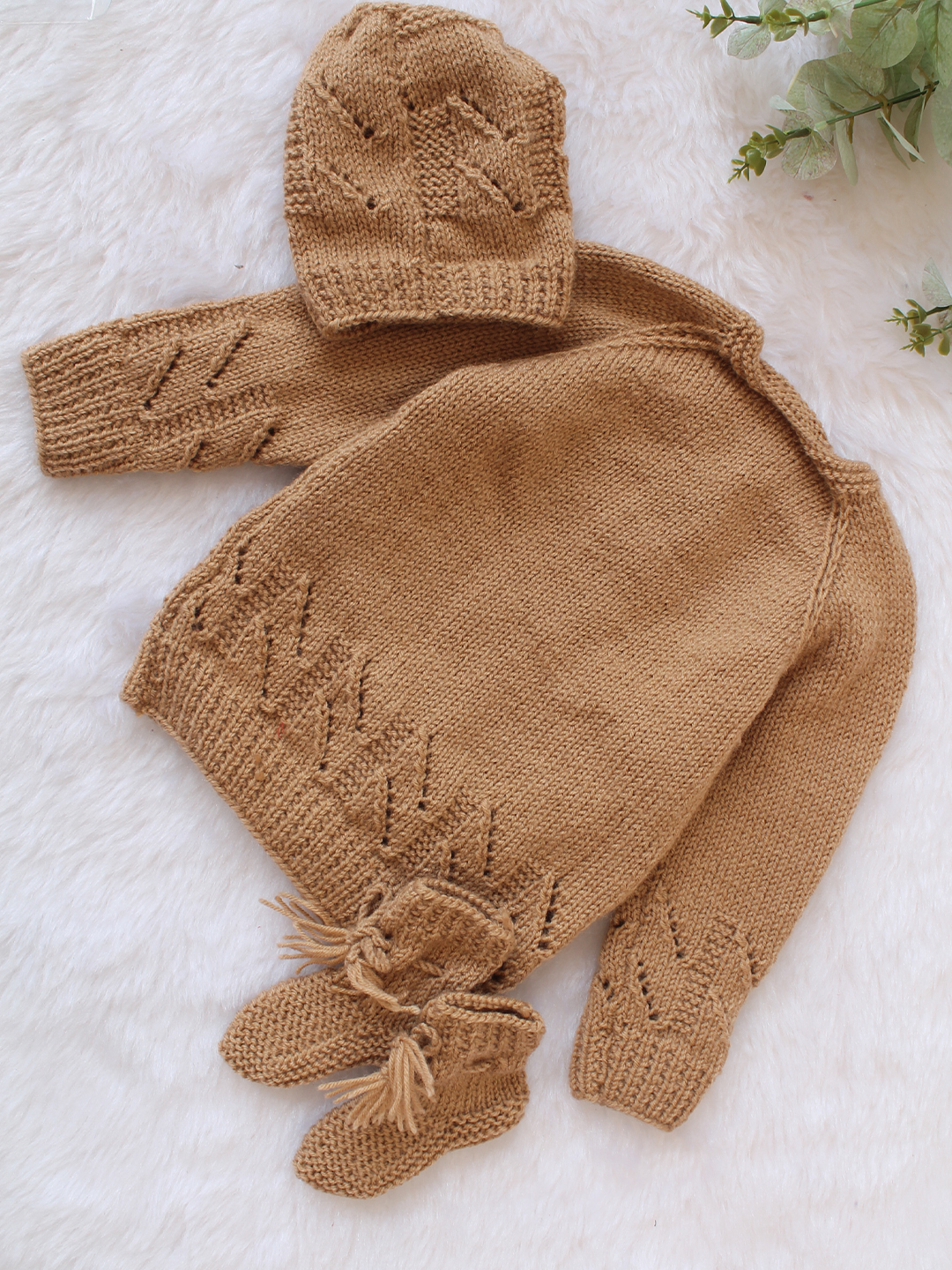 Woonie Handknitted Full Sleeves Cable Knit Cardigan with Cap & Socks - Beige