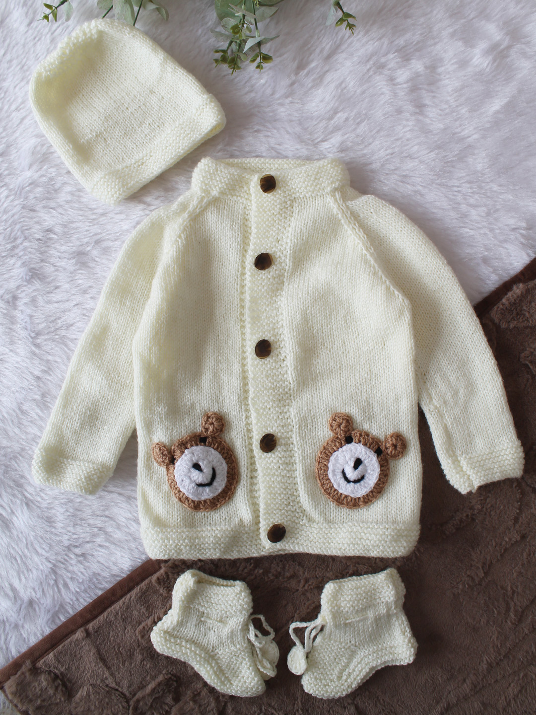 Woonie Handknitted Full Sleeves Bear Face Applique Cardigan with Cap & Socks - Cream