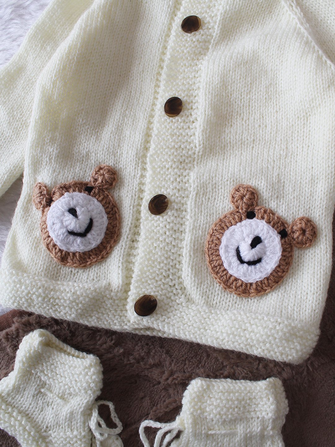 Woonie Handknitted Full Sleeves Bear Face Applique Cardigan with Cap & Socks - Cream